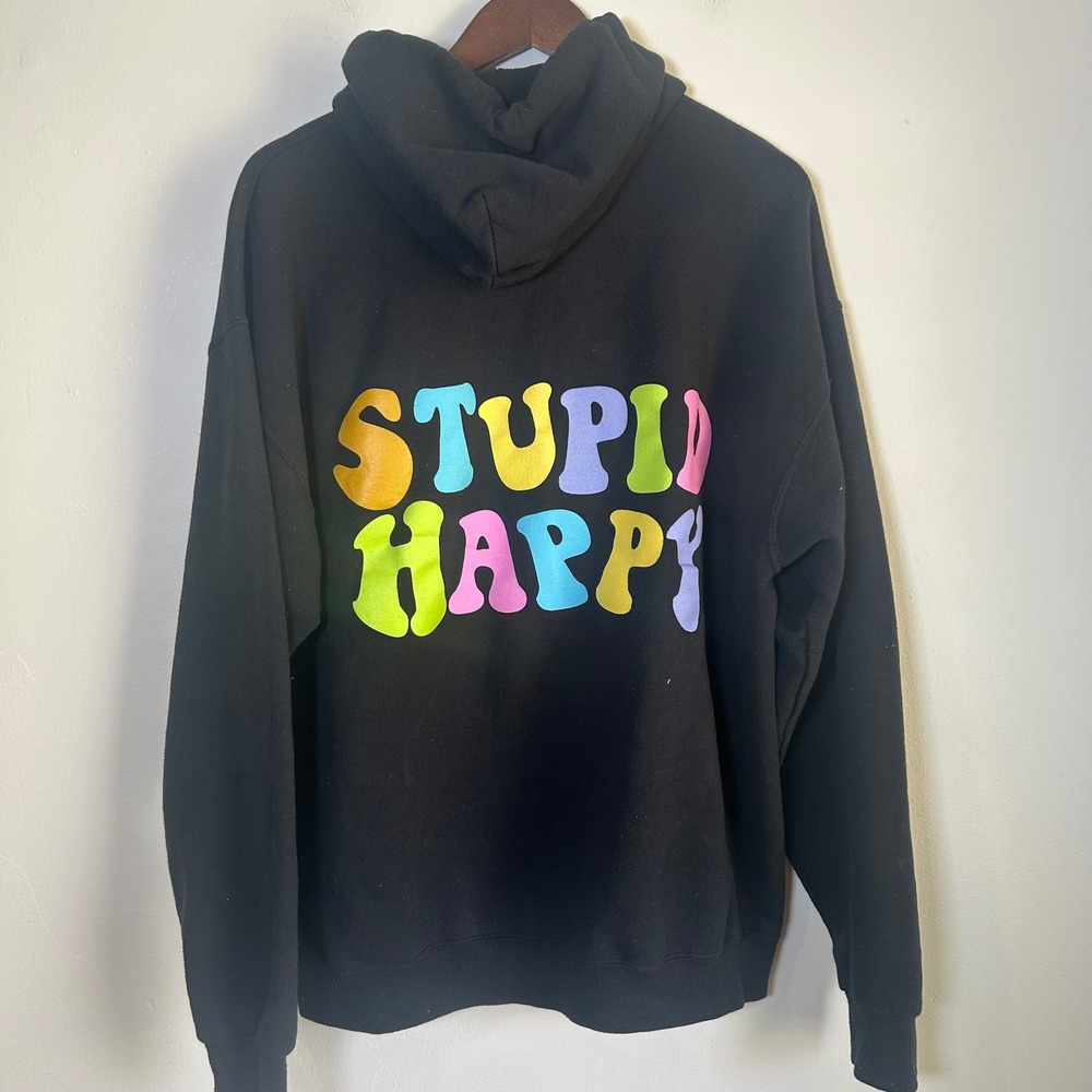 Happy Face Stupid Happy Graphic Pullover Hoodie Size XL Black - Picture 2 of 4